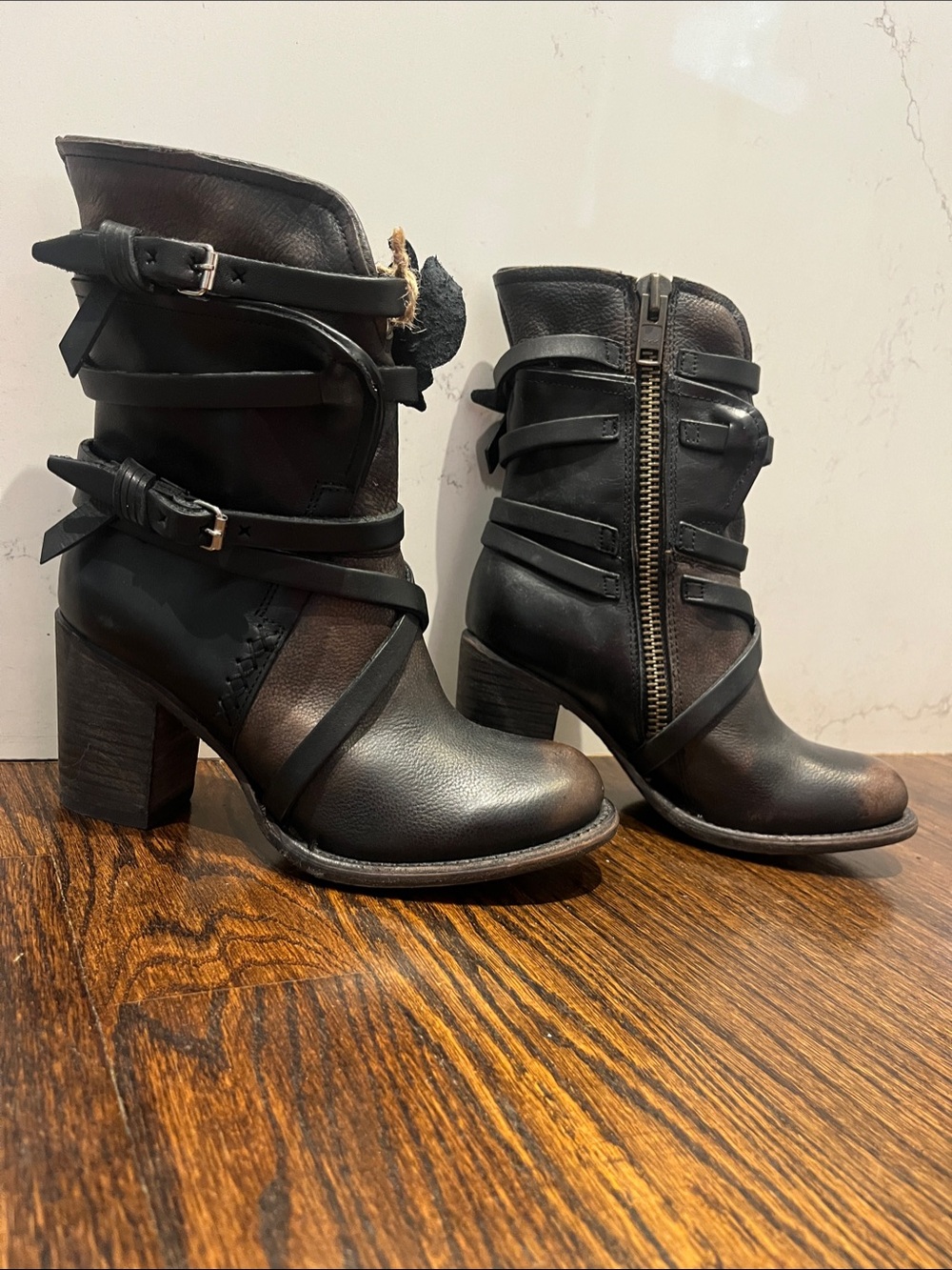 Women's Black/Brown Freebird Strap Heeled Boots
